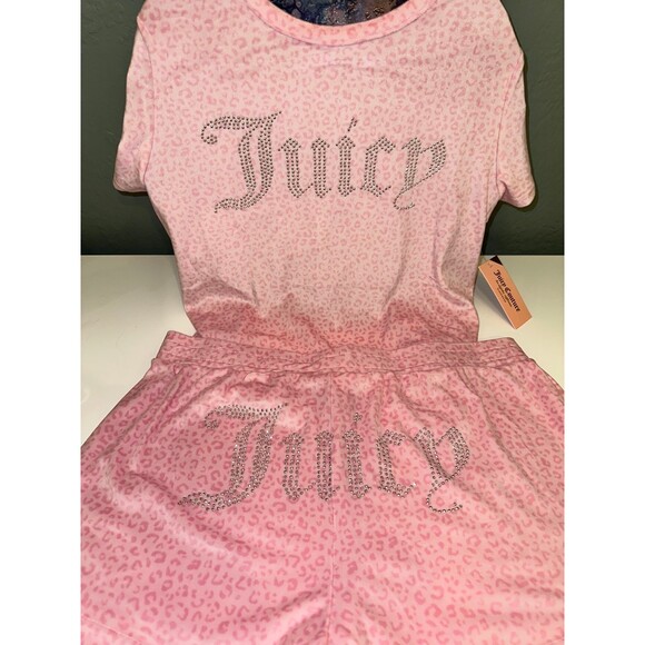 Juicy Couture 2Pc Velour Pajama Pink Cheetah Shorts TShirt Set LG - Picture 2 of 6